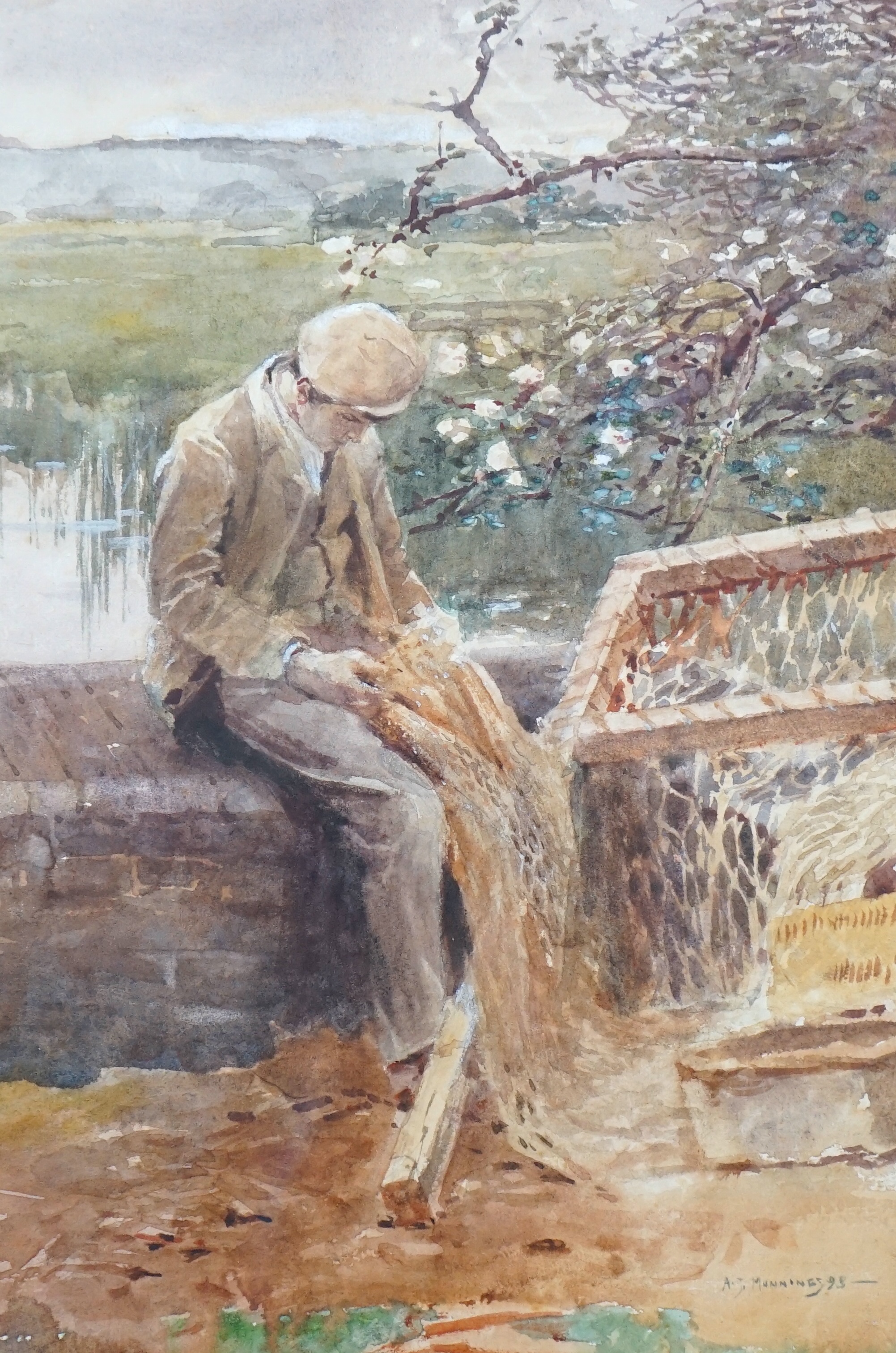 Sir Alfred James Munnings P.R.A., R.W.S. (British, 1878-1959), 'Mending the nets', watercolour, 30 x 20.5cm